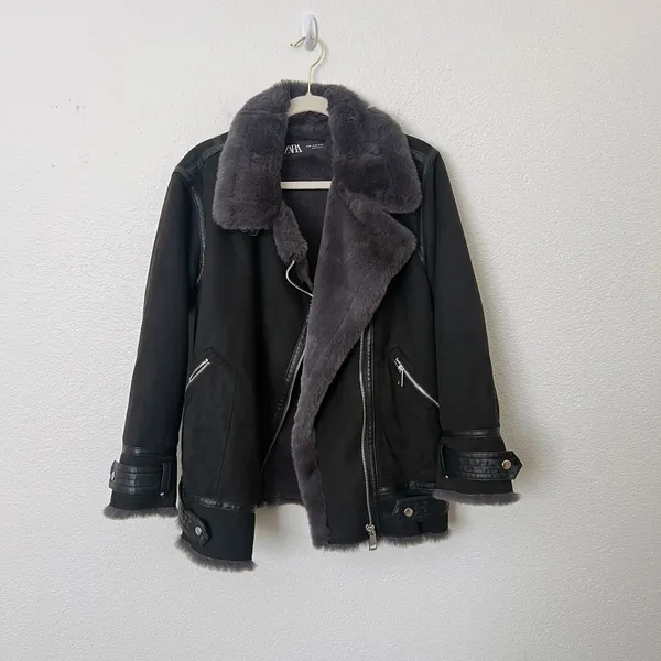 [Zara] Black Faux Fur Suede Double-Faced Oversized Moto Jacket Blogger Fave XS - Image 10