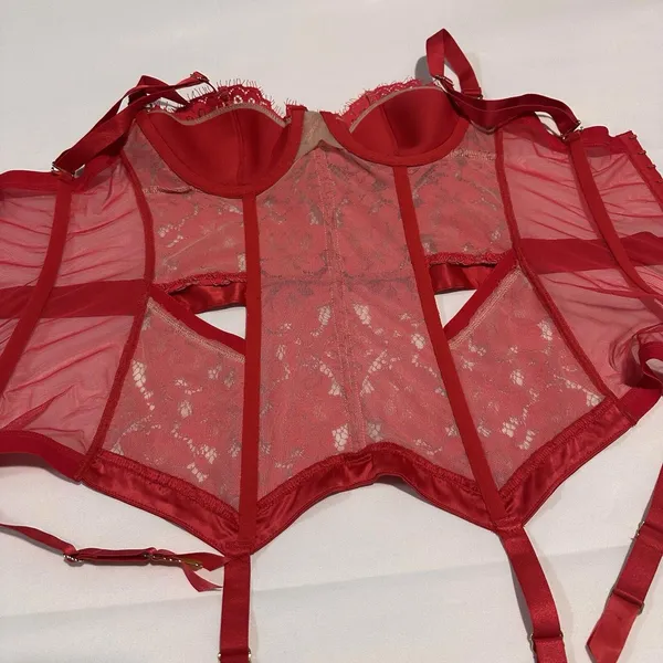 Victoria’s Secret 34B Red Boned Corset Bra With Garter Straps Lace Women’s - Image 9