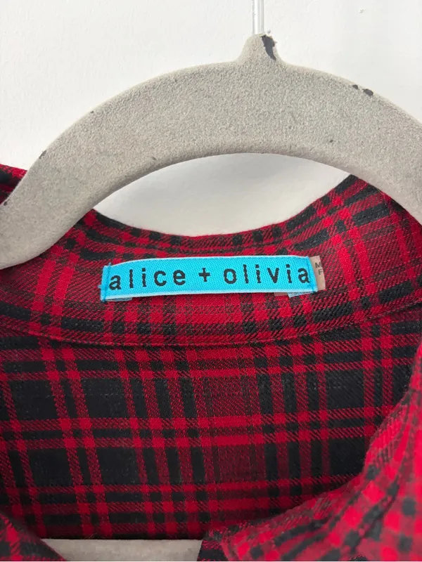 Vintage Alice + Olivia Red Black Plaid Wool Viscose Flounce Sleeve Fall Top S - Image 3
