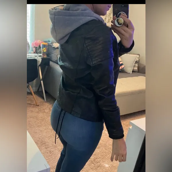 Faux leather Moto jacket with optical grey hood Black - Image 2