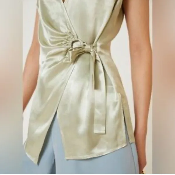 NWT‎ ANTHROPOLOGIE Iridescent Satin Wrap Top, Small, Metallic Sleeveless Ruched - Image 3