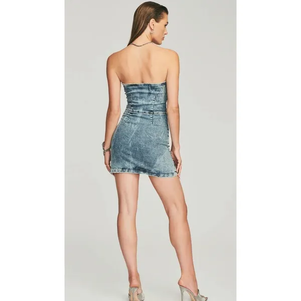 Retrofête Megh Strapless pleated Denim Mini Dress Marble Sky Button Front XS - Image 4