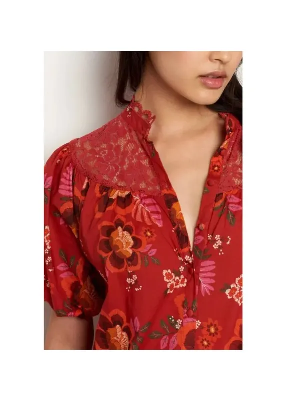 Anthropologie Farm Rio Giustina Lace Blouse Top Short Sleeve Floral Red XS - Image 3