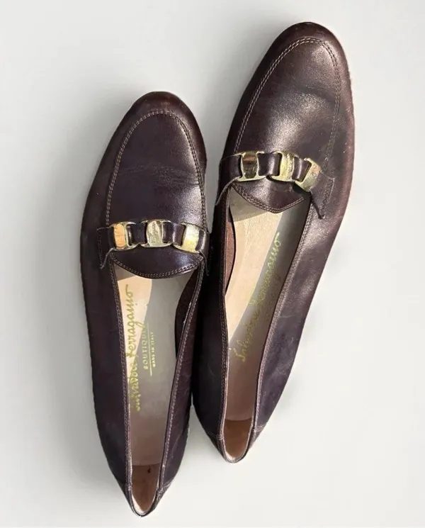 SALVATORE FERRAGAMO Boutique Brown Leather Gancini Link Strap Loafers Size 5‎ B - Image 9