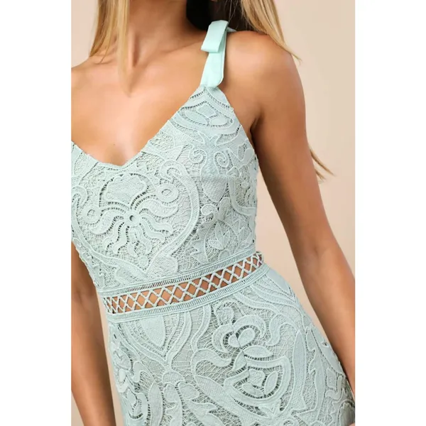 NEW Lulus Won Your Heart Sage Green Lace Tie-Strap High-Low Midi Dress Small - Image 5