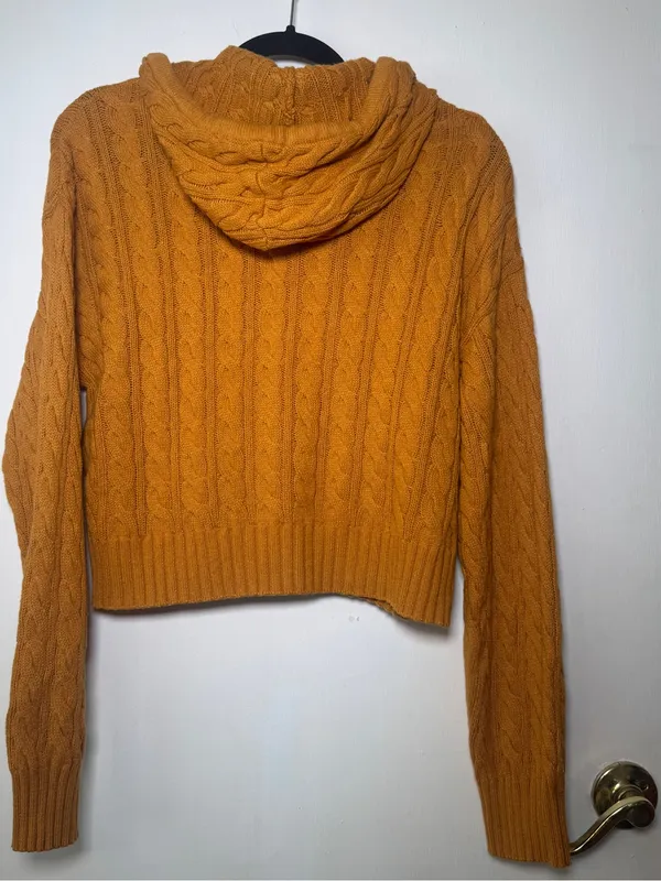 American Eagle Mustard Cable Knit Zip Hoodie Cropped Large - Image 7