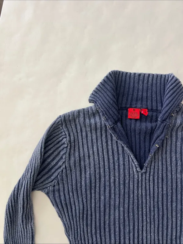 Vintage FRIENDS Blue Acid Wash Ribbed Mock Neck Stretchy Longsleeve Top M - Image 3