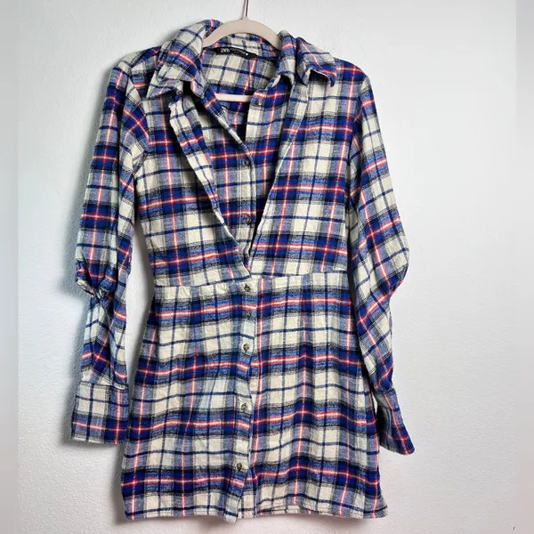 Zara Women’s Plaid Flannel Button Front Shirt Mini Dress Medium‎ - Image 3