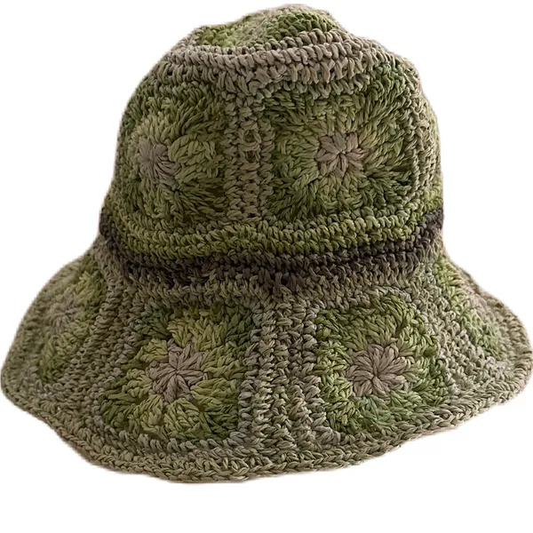 Steve Madden Crochet Granny Square Sun Hat Green Floral Boho Bucket Summer Hat - Image 12