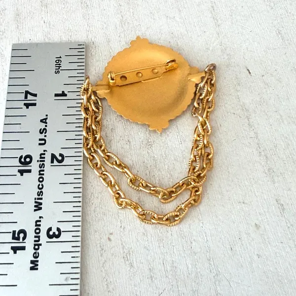 Vintage Gold Tone Classical Medallion Double Chain Swag Brooch - Image 6
