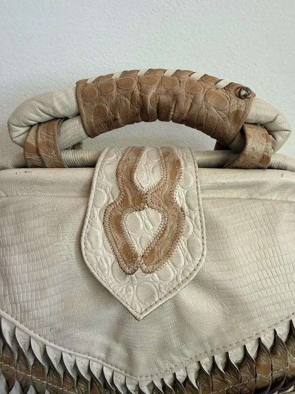 Vintage 80s Structured Doctor Bag Croc Embossed Leather Chunky Statement Purse - Image 2