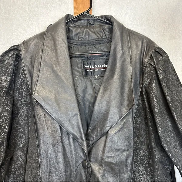 Vintage 80s Wilsons Black Leather Paisley Print Long Sleeve Coat‎ Size M - Image 2