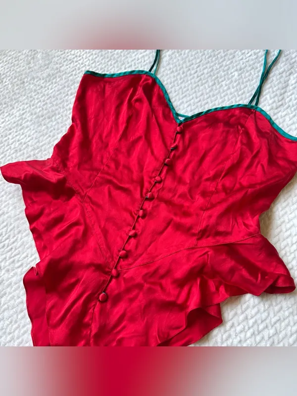 VTG 100% Silk Teddy Romper Bodysuit Lingerie M Red Coquette Button Down Pinup - Image 3