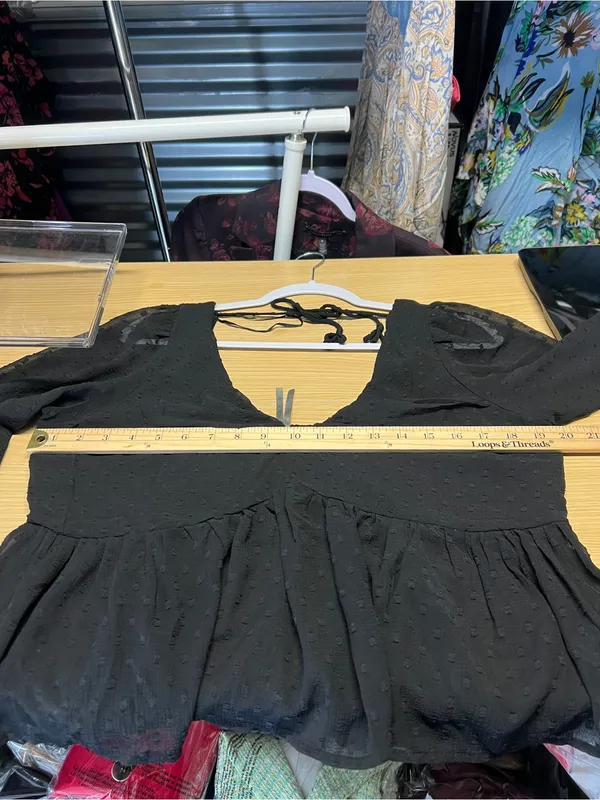 Anthropologie Black Sheer Peplum Blouse Size L Swiss Dot Long Sleeve - Image 13