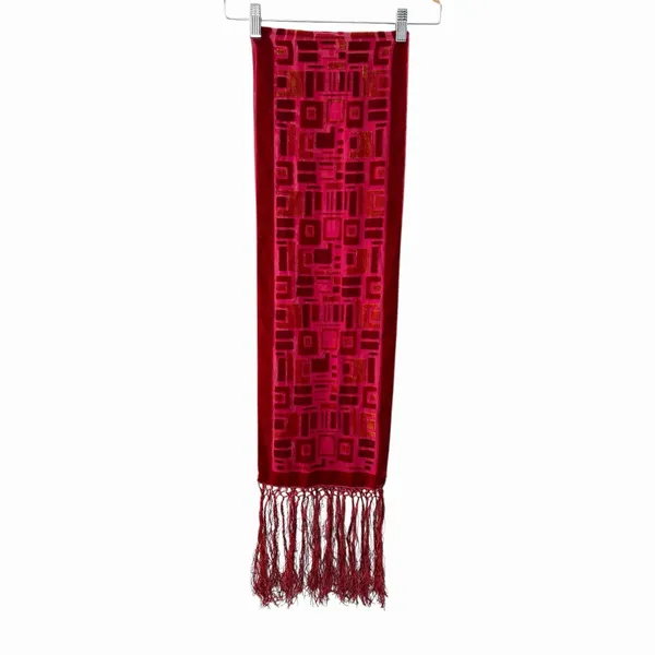 Whimsigoth Red Velvet‎ Burnout Scarf Fringe Gothic Art Deco Long Wrap 9.5Wx76H - Image 3