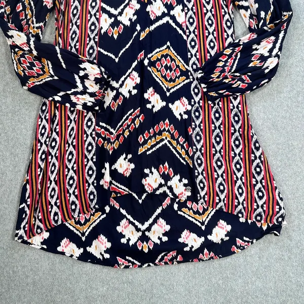 Roxy High Low Tunic Blouse Size Small 3/4 Sleeve Blue/Orange Southwestern - Image 4