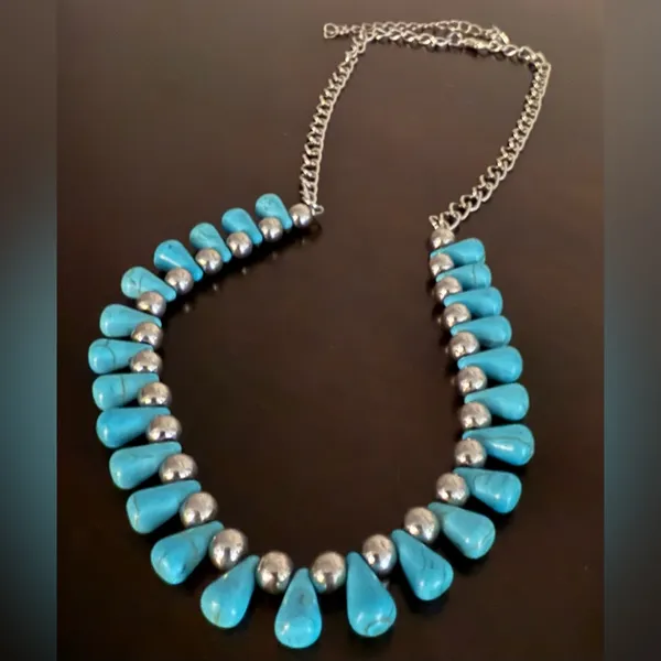 Vintage Turquoise Beaded Necklace | Silver Tone Statement | Southwestern Boho - Image 2