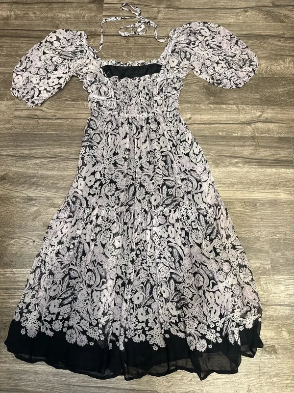 by Anthropologie Small Floral Smocked Puff Sleeve Midi Dress Boho Black - Image 3