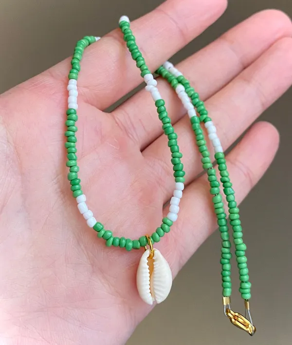 Handmade natural cowrie seashell seed beads necklace🐚☀️🍉 - Image 3
