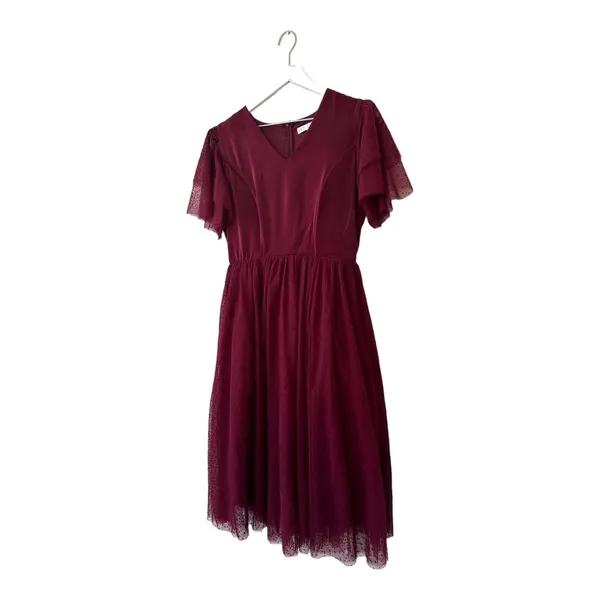 Ivy City Co Maroon Swiss Dot Flutter Sleeve Midi Dress Size Small - Image 4