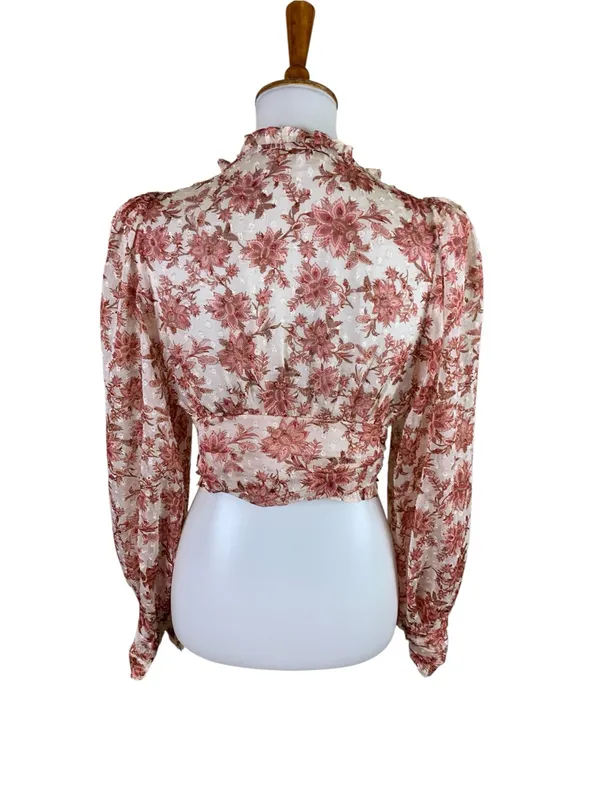 Olivaceous Cream Rust Floral Sheer Corset Crop Top M Long Sleeve Romantic Boho - Image 2
