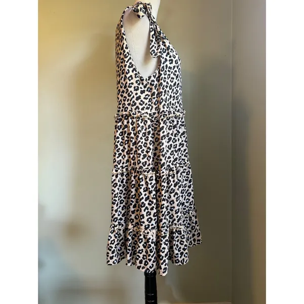 Simply Southern Leopard Print Tiered Ruffle Tie Mini Dress XL Tan Black boho Y2K - Image 3