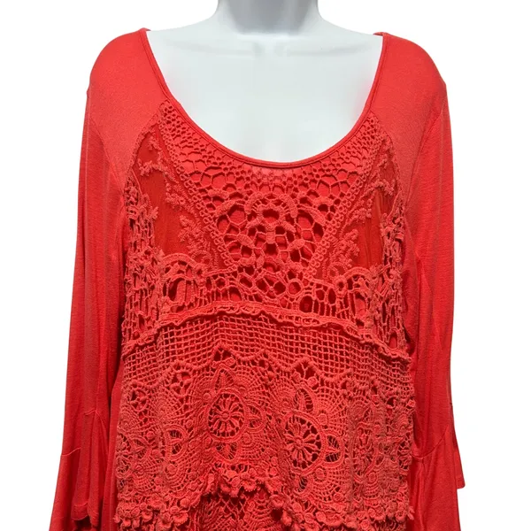 Live and Let Live Womens Crochet Tunic XL Coral Boho Cottage Lace‎ Chiffon Indie - Image 4