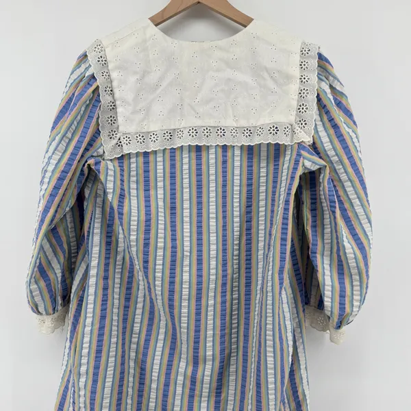 Vtg Saybury Striped Seersucker‎ Nightgown Mumu Women M Eyelet Collar Pastel Zip - Image 7