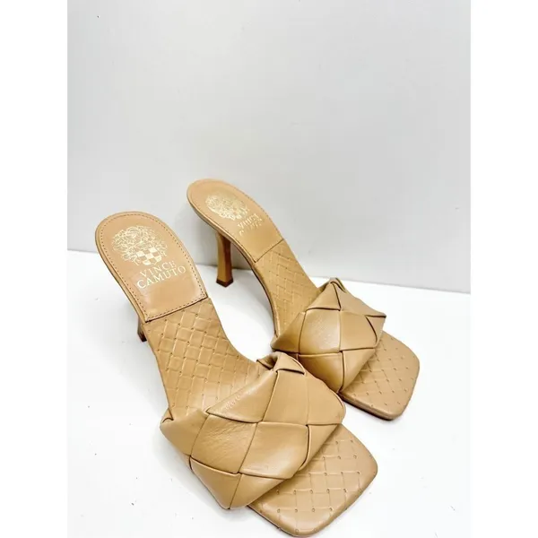 Vince Camuto Sandals Womens Size 8 Tan Leather Square Toe Slip On Woven Heels‎ - Image 2
