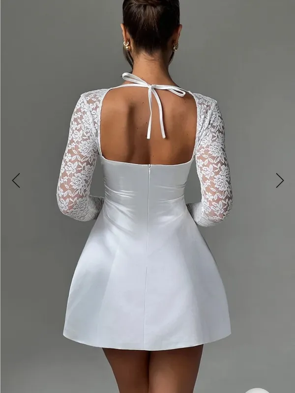 White Lace-Sleeve Square Neck Mini Wedding Dress - Image 2