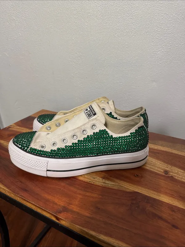 Custom Emerald Green Rhinestone Converse Lift Platform Low Tops Size 10 - Image 4