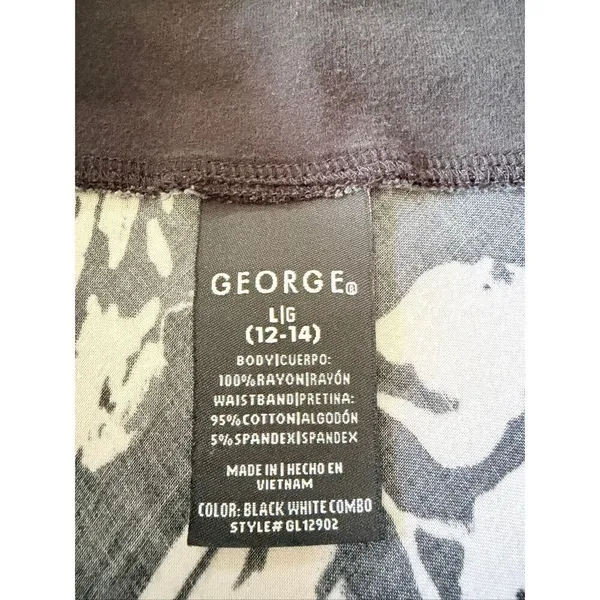 George Black White Floral Midi A-Line Skirt Rayon Pull On Women’s L 12/14 - Image 2