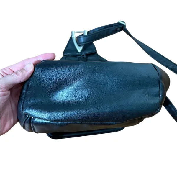 Black‎ Leather Like Sling Teardrop Backpack Silver V Hardware Adjustable Strap Black - Image 10