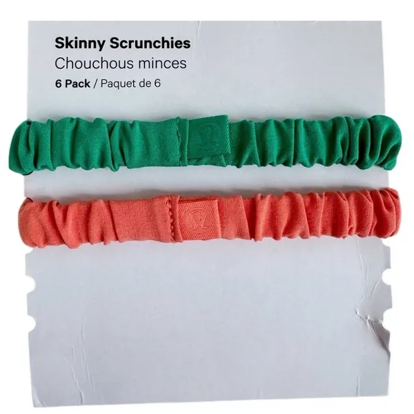 2 Lululemon Skinny Scrunchies Kelly Green and Coral Kiss NWOT - Image 7