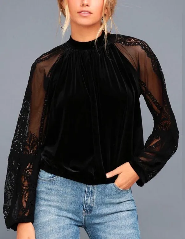 Free People Dream Team Black Velvet Lace Blouse Sz S - Image 2