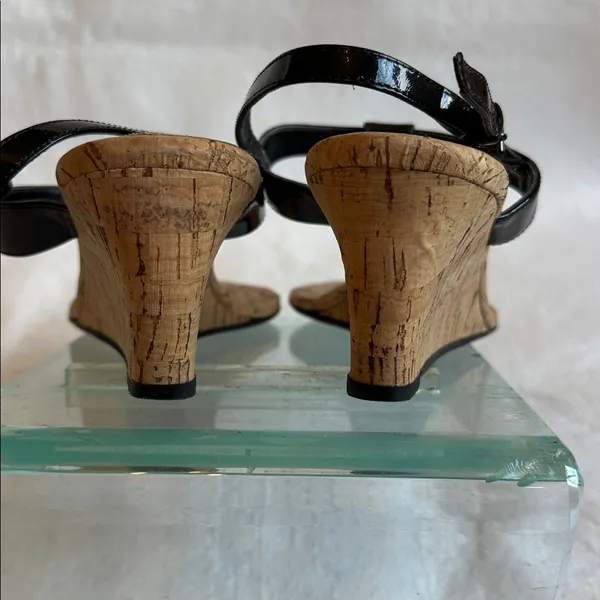 Black Patent Leather & Cork Wedge Heeled Sandals size 8 - Image 3