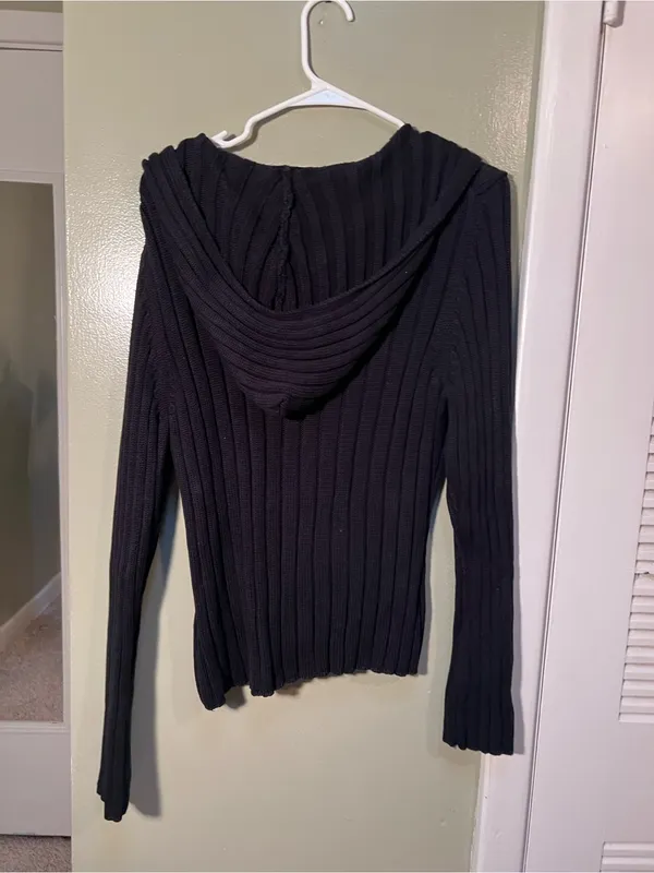 Old Navy Womens Ribbed Hooded Henley Sweater Black Half Snap Stretch Long Sleeve - Image 5