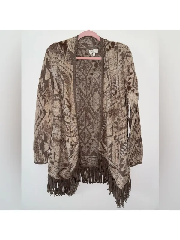 Lucky Neutral Boho Folk Aztec Western Fringe Open Front Cardigan size small - Image 2
