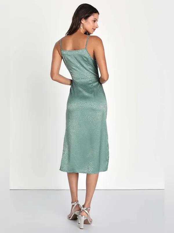 NWT Lulus Total Stunner Sage Green Satin Jacquard Cowl Neck Midi Large - Image 3