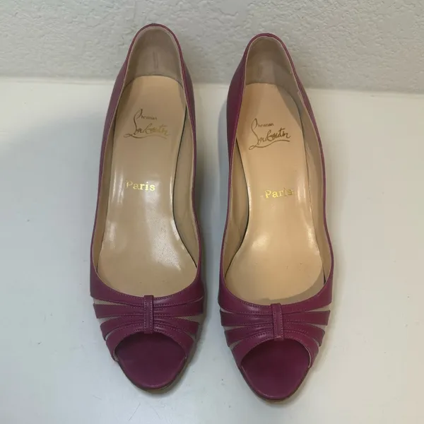 CHRISTIAN LOUBOUTIN Vintage Y2K Fuchsia Purple Peep-Toe Wedges Mesh Cutouts 40.5 - Image 2