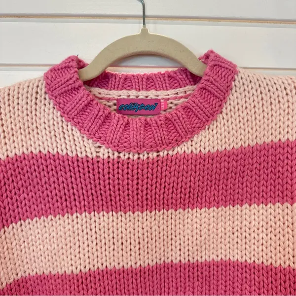 Edikted Chunky Crop Sweater Sz XS / S Pink Striped Chunky Knit Oversized - Image 2
