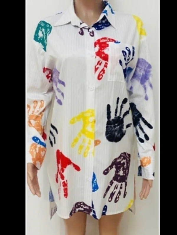 Button down blouse. Multicolored handprints. NWOT. Small - Image 2