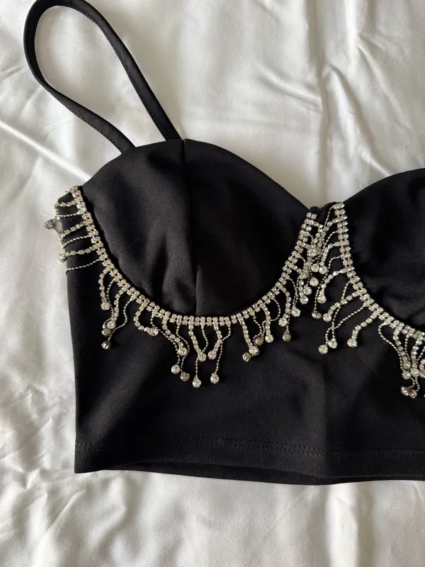 Black Crop Top With Rhinestone Fringe Detail - Image 2