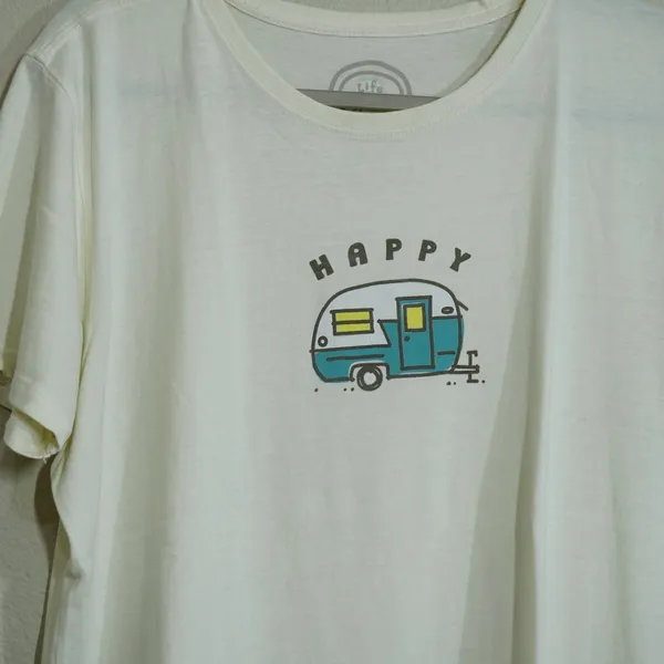 Life is Good Women's Large Happy Camper Graphic T-Shirt Cream Cotton Outdoors - Image 2