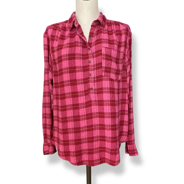 Anthropologie Isadora Button-Back Tunic Posy Pink Shirt‎ Blouse Top Plaid Medium - Image 3