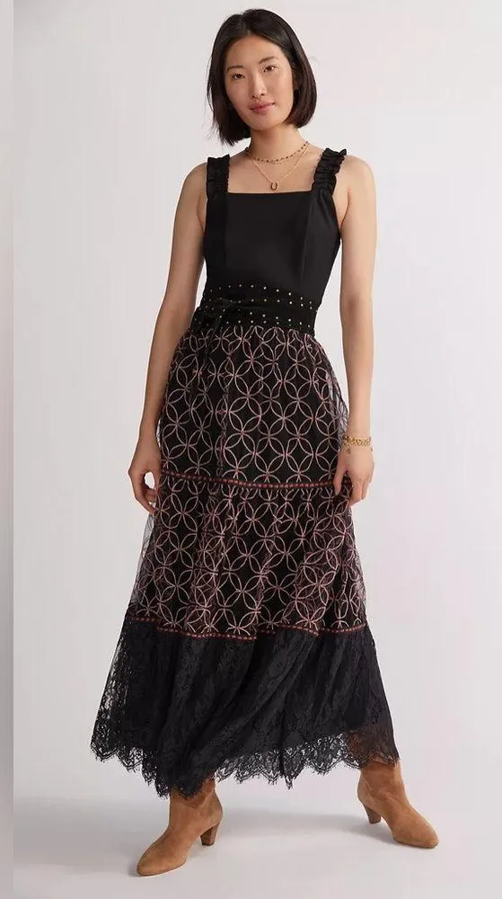 Anthropologie bl-nk embroidered chiffon and lace maxi skirt - Image 3