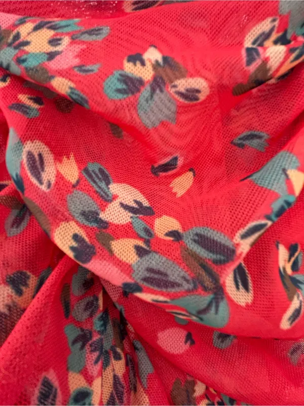 Free People Red Floral Ruched Midi Dress with Puff Sleeves - Image 7