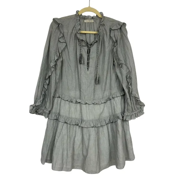 Ulla Johnson Grey Cotton Tiered Mini Dress Womens 6 Boho Romantic Casual Cottage - Image 2