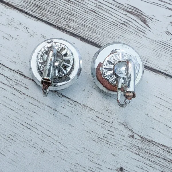 Vintage Clip On Earrings - Domed Circle Faceted Silver Tone - Condition Issues - Image 6
