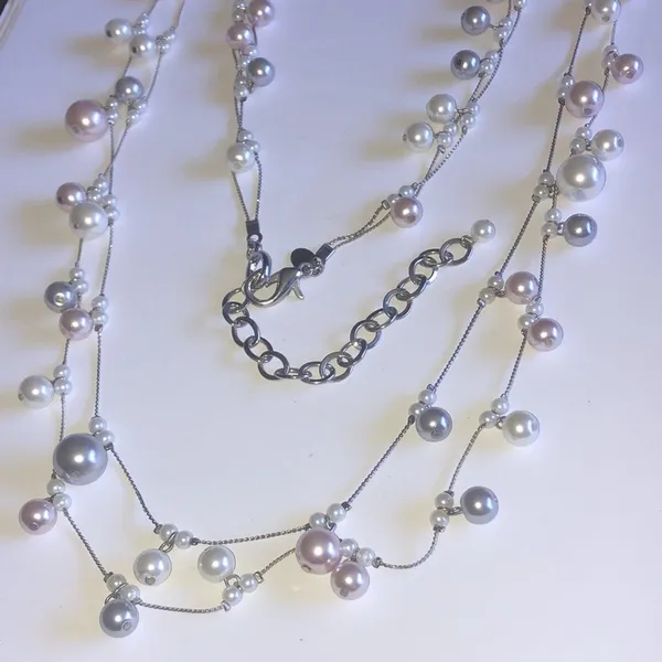 Chico's Silver Tone Faux Pearl Beaded Boho Double Strand Necklace - Image 2